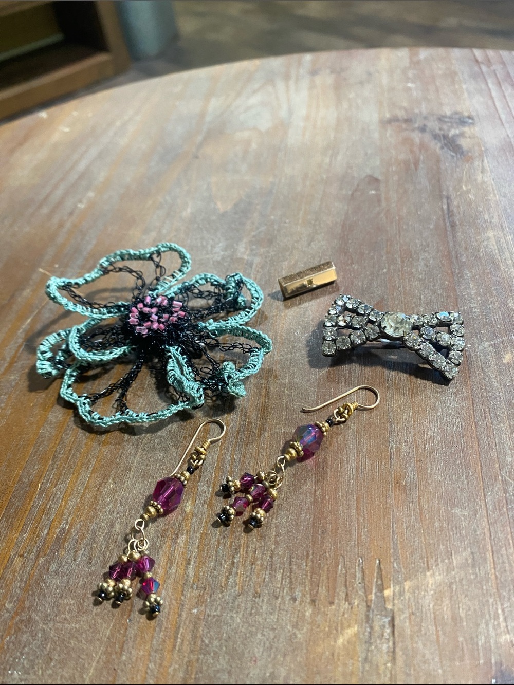 Handmade Turquoise Lace Flower Brooch with Pink Accent. Vintage
